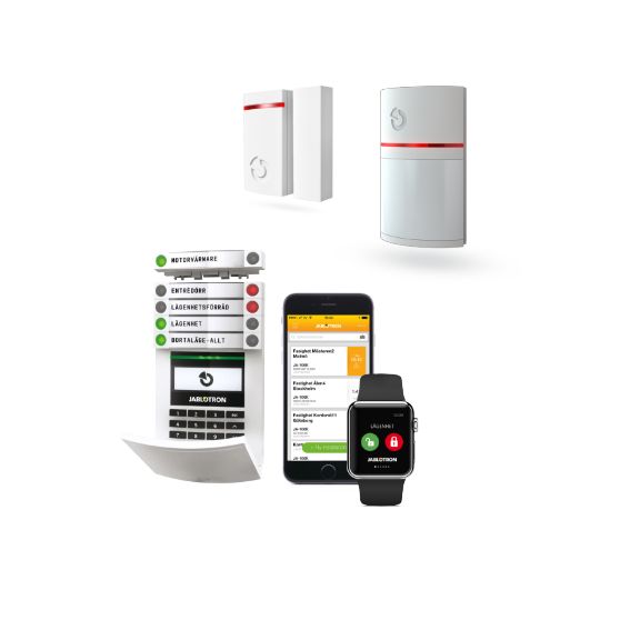 Larmprodukter magnetkontakt, ir detektor, manöverpanel, Iphone och Apple watch med Jablotrons app
