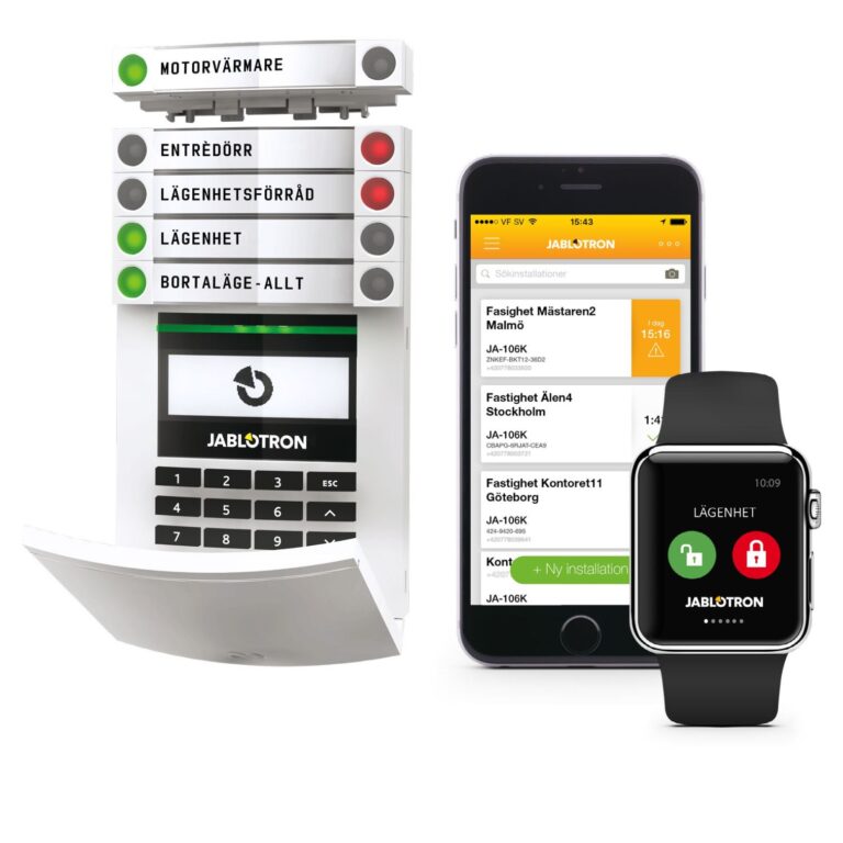 Olika sätt att styra larmet, Manöverpanel, Iphone MyJablotron, app, Apple Watch.